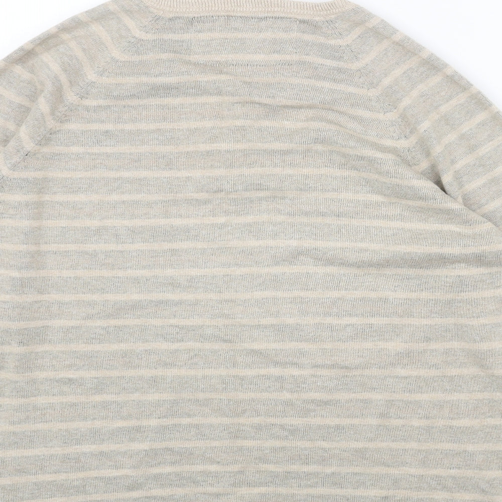 Marks and Spencer Mens Beige V-Neck Striped Acrylic Pullover Jumper Size L Long Sleeve