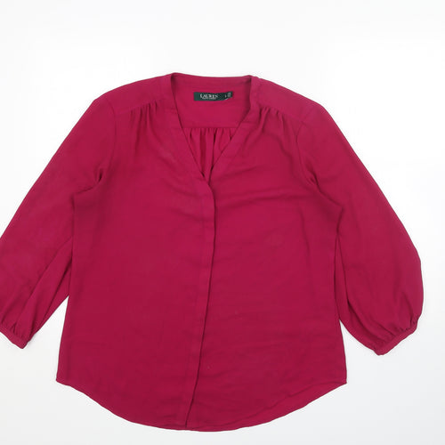 Lauren Ralph Lauren Womens Pink Polyester Basic Blouse Size L V-Neck