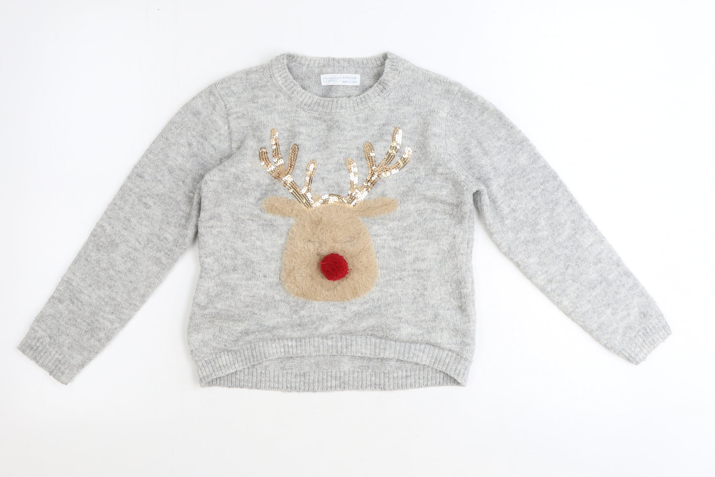 Primark Girls Grey Round Neck Polyester Pullover Jumper Size 8 Years Pullover - Christmas Reindeer