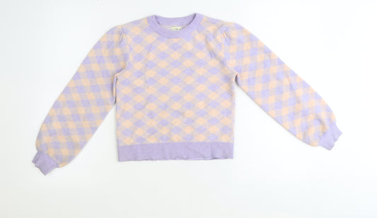 F&F Girls Pink Round Neck Check Viscose Pullover Jumper Size 8-9 Years Pullover