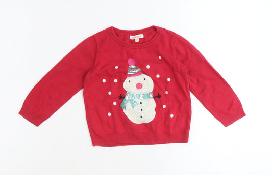 Blue Zoo Girls Red Round Neck 100% Cotton Pullover Jumper Size 2-3 Years Pullover - Christmas Snowman