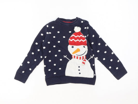 Mothercare Boys Blue Round Neck Polka Dot 100% Cotton Pullover Jumper Size 3-4 Years Pullover - Christmas