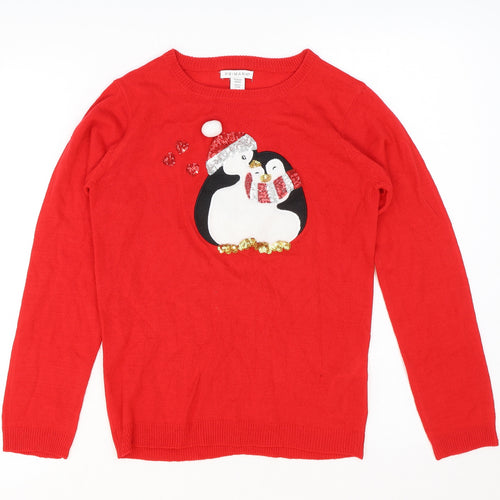 Primark Girls Red Round Neck Acrylic Pullover Jumper Size 11-12 Years Pullover - Penguin Christmas