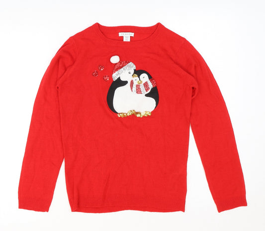 Primark Girls Red Round Neck Acrylic Pullover Jumper Size 11-12 Years Pullover - Penguin Christmas