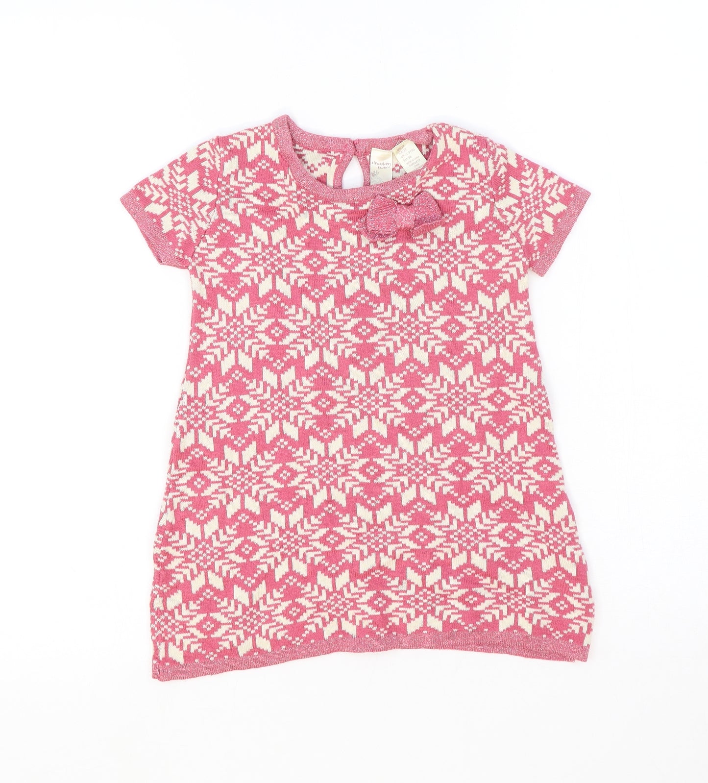 Strawberry Faire Girls Pink Geometric Cotton Jumper Dress Size 2-3 Years Round Neck Pullover