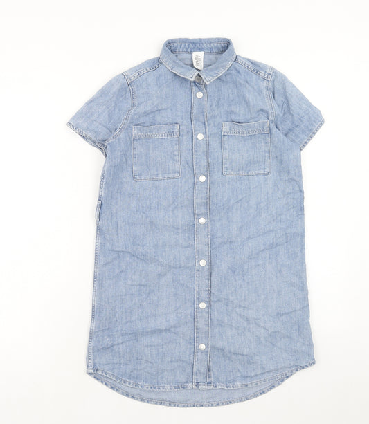 H&M Girls Blue Cotton Shirt Dress Size 10-11 Years Collared Button