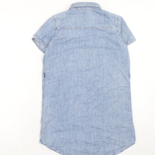 H&M Girls Blue Cotton Shirt Dress Size 10-11 Years Collared Button