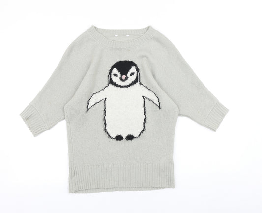 Miss Evie Girls Grey Boat Neck 100% Merino Wool Pullover Jumper Size 10-11 Years Pullover - Penguin