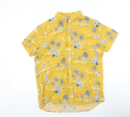 Preworn Mens Yellow Floral Viscose Button-Up Size L Collared Button