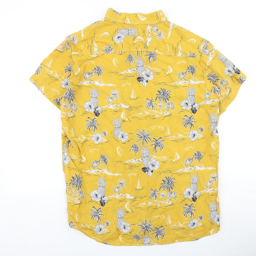 Preworn Mens Yellow Floral Viscose Button-Up Size L Collared Button
