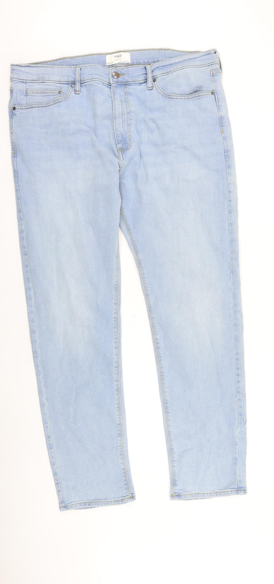 Marks and Spencer Mens Blue Cotton Straight Jeans Size 38 in L33 in Regular Zip