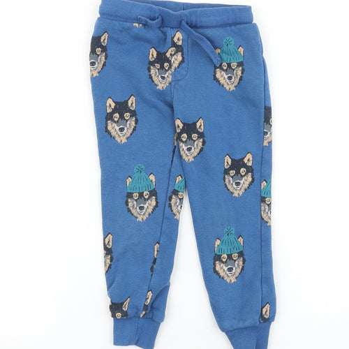 Marks and Spencer Boys Blue Geometric 100% Cotton Jogger Trousers Size 3-4 Years Regular Drawstring - Wolf