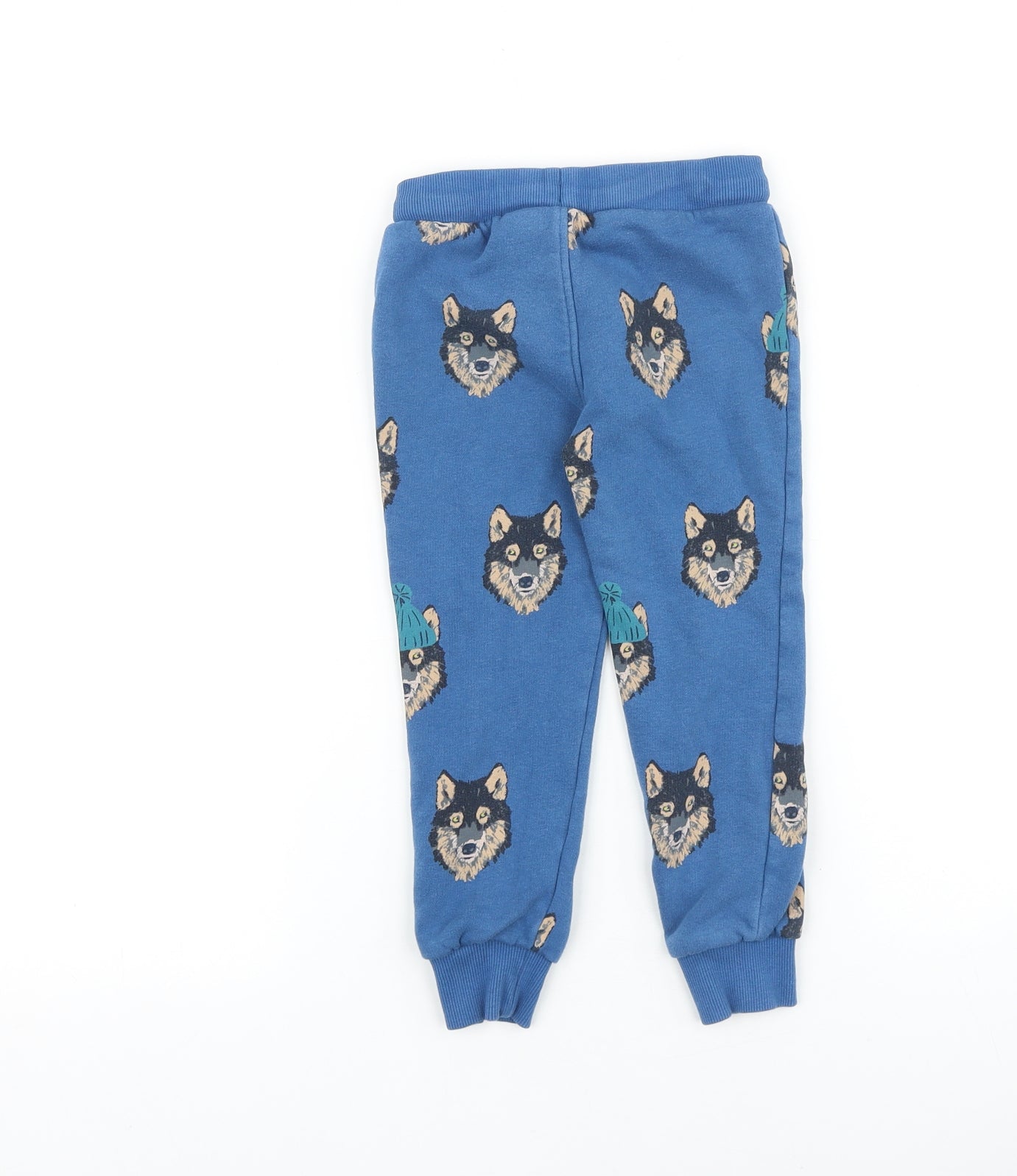 Marks and Spencer Boys Blue Geometric 100% Cotton Jogger Trousers Size 3-4 Years Regular Drawstring - Wolf
