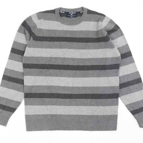 Blue Harbour Mens Grey Round Neck Striped Cotton Pullover Jumper Size S Long Sleeve