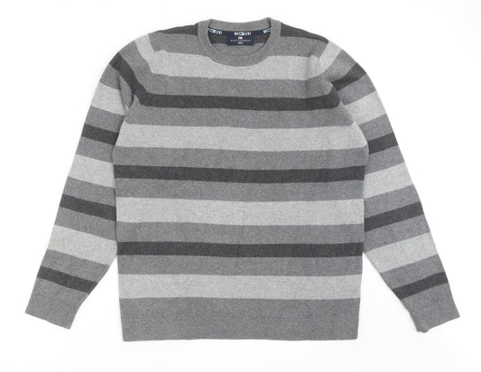 Blue Harbour Mens Grey Round Neck Striped Cotton Pullover Jumper Size S Long Sleeve