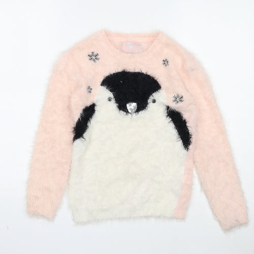 Young Dimension Girls Pink Round Neck Nylon Pullover Jumper Size 9-10 Years Pullover - Penguin