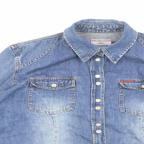 Lee Cooper Mens Blue Cotton Button-Up Size S V-Neck Snap