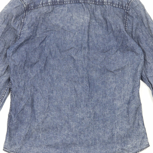 Topman Mens Blue Cotton Button-Up Size S V-Neck Snap
