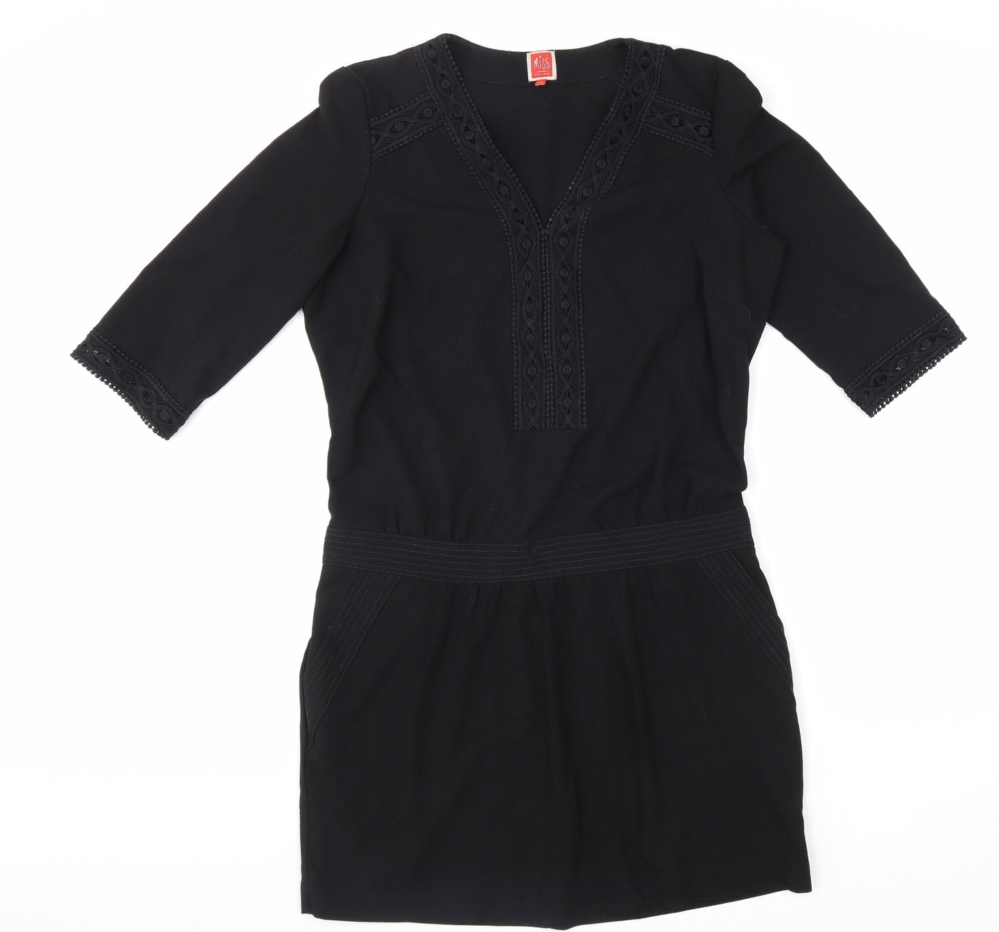 Miss Captain Womens Black Geometric Polyester Kaftan Size 12 V-Neck Pullover