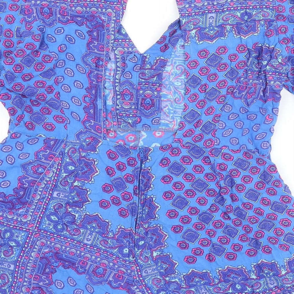 Motel Womens Blue Geometric Viscose Playsuit One-Piece Size L Zip