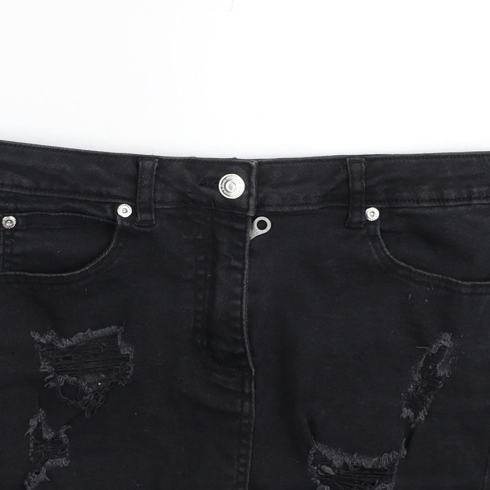 PARISIAN SIGNATURE Womens Black Cotton Mini Skirt Size 10 Zip - Distressed Look