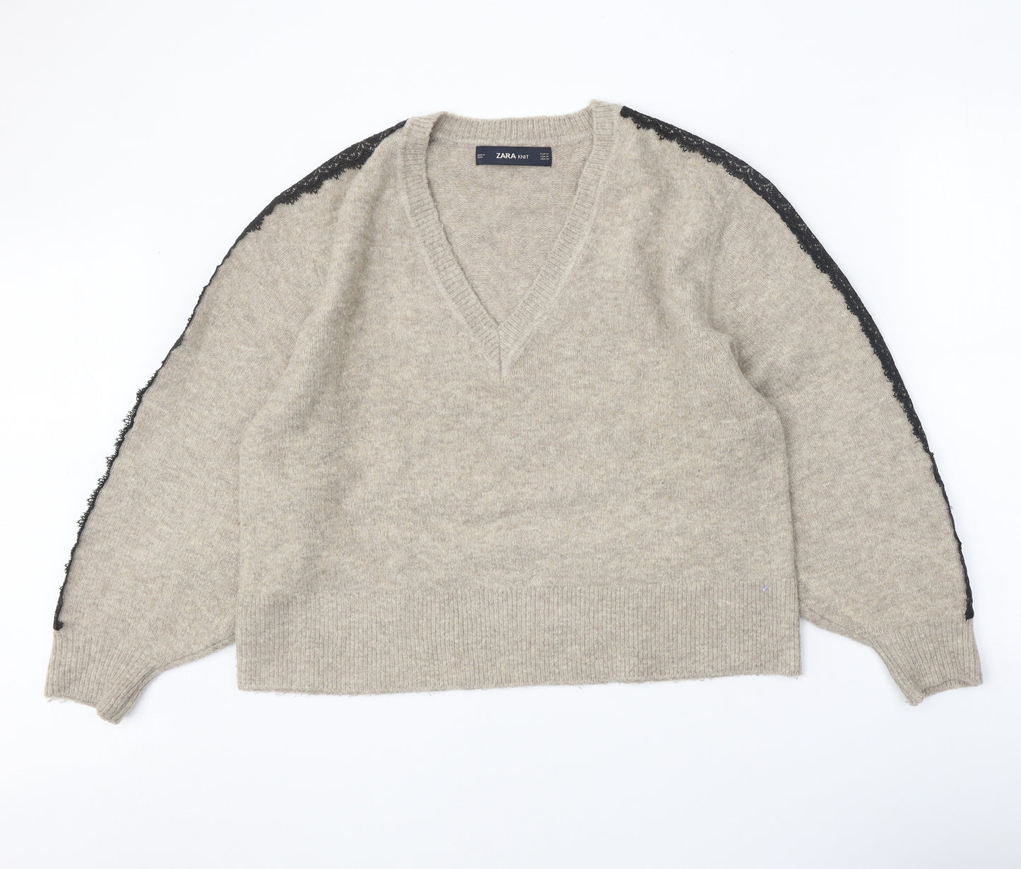 Zara Knit Womens Beige V-Neck Acrylic Pullover Jumper Size M