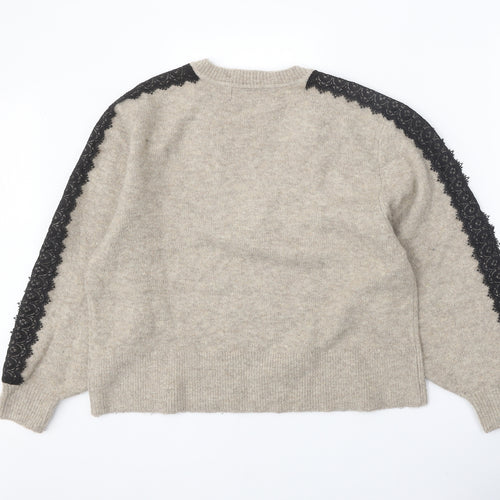 Zara Knit Womens Beige V-Neck Acrylic Pullover Jumper Size M