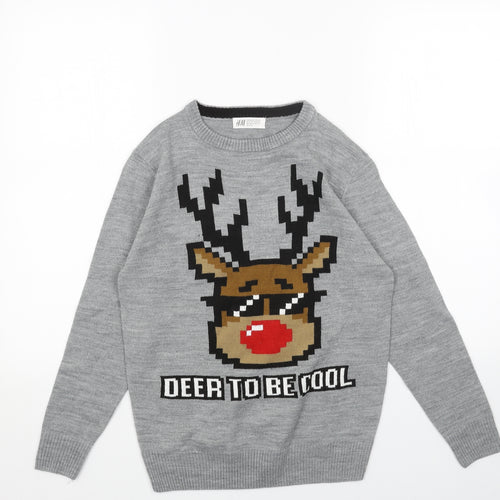 H&M Girls Grey Round Neck Cotton Pullover Jumper Size 11-12 Years Pullover - Deer to be Cool