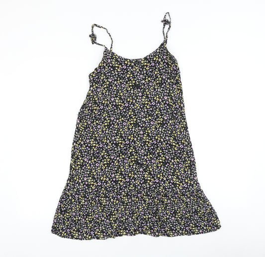 Primark Girls Black Floral 100% Cotton Shift Size 12-13 Years Scoop Neck Button