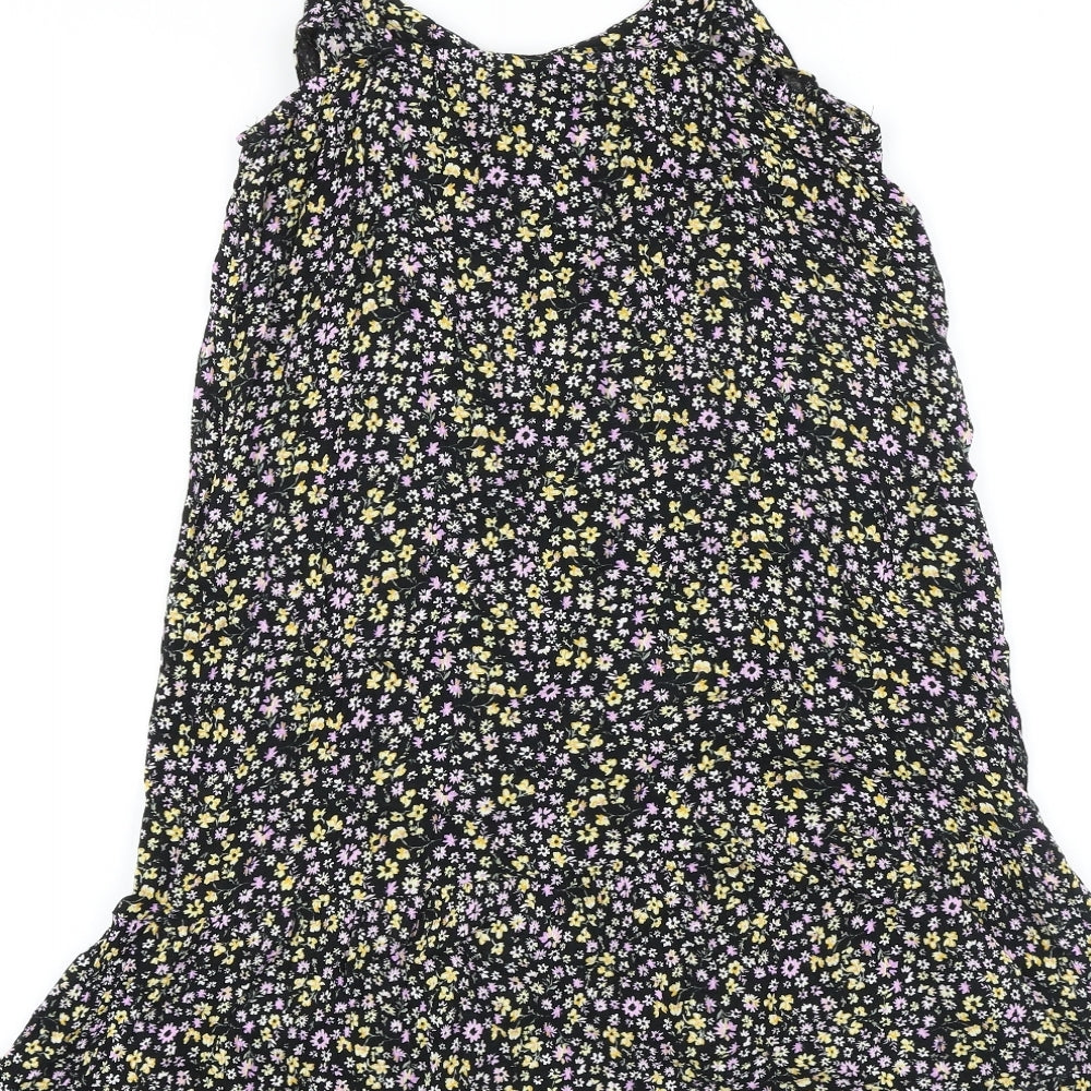 Primark Girls Black Floral 100% Cotton Shift Size 12-13 Years Scoop Neck Button