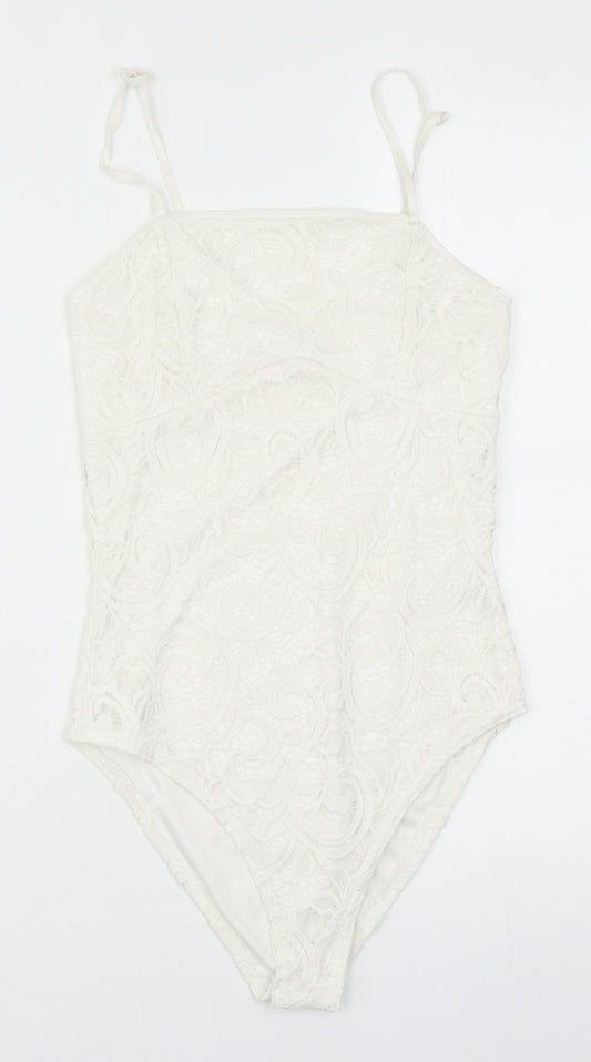 Quiz Womens Ivory Nylon Bodysuit One-Piece Size 8 Snap