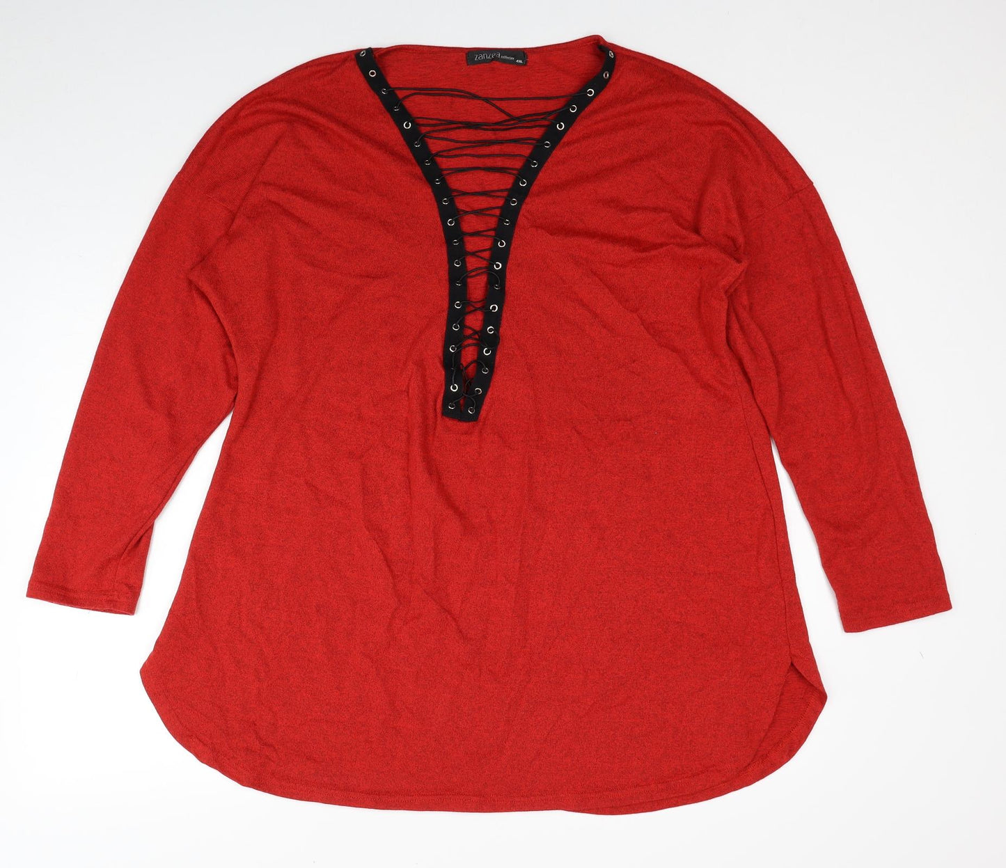 Zanzea Womens Red V-Neck Polyester Pullover Jumper Size 4XL