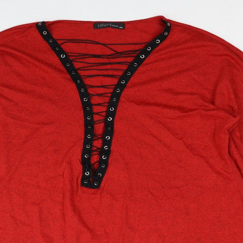 Zanzea Womens Red V-Neck Polyester Pullover Jumper Size 4XL