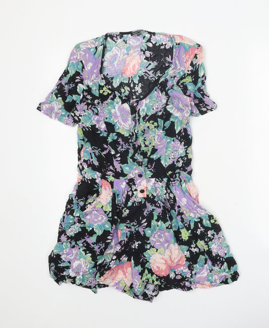 Warehouse Womens Black Floral Viscose Playsuit One-Piece Size 8 Tie