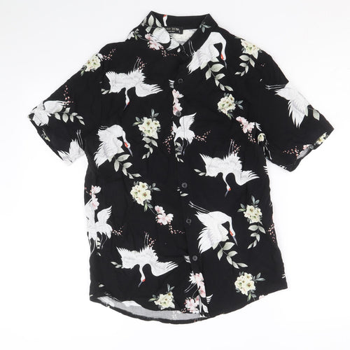 Jonny Wolf Mens Black Geometric Viscose Button-Up Size M Collared Button - Crane Flower Print