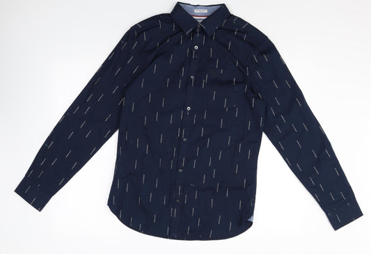 Penguin Mens Blue Geometric 100% Cotton Dress Shirt Size S Collared Button