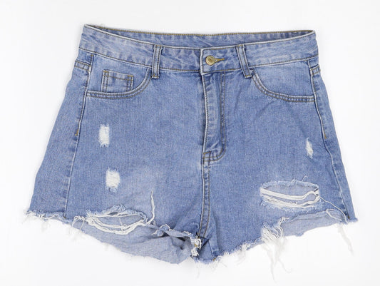SheIn Womens Blue Herringbone Cotton Cut-Off Shorts Size L Regular Zip - Distressed