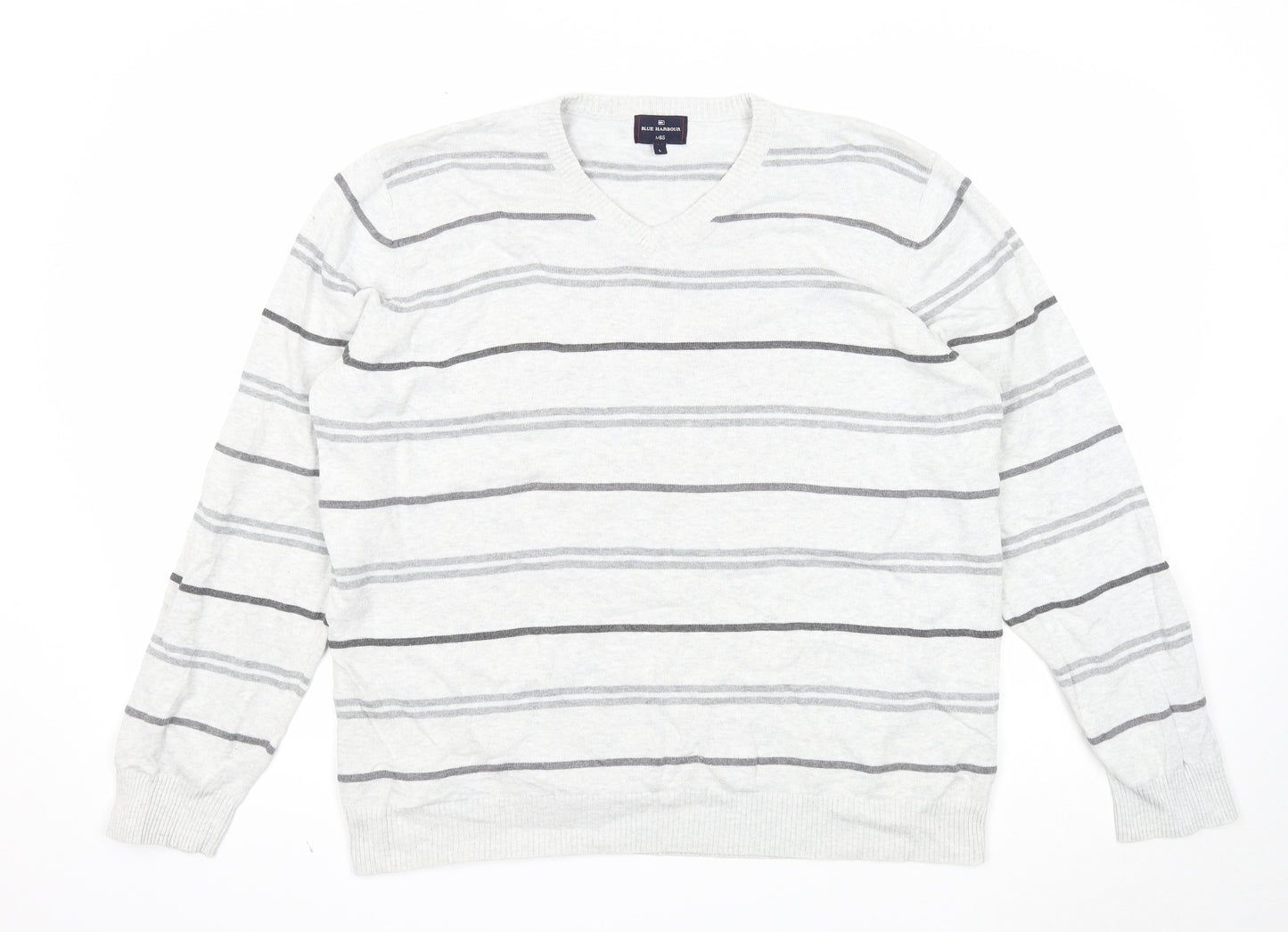 Marks and Spencer Mens Grey V-Neck Striped Cotton Pullover Jumper Size L Long Sleeve