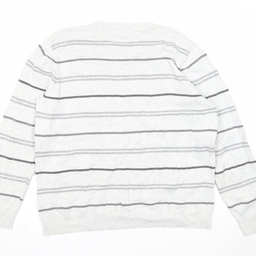 Marks and Spencer Mens Grey V-Neck Striped Cotton Pullover Jumper Size L Long Sleeve