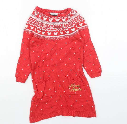 George Girls Red Geometric Acrylic Jumper Dress Size 2-3 Years Boat Neck Pullover - Minnie Mouse