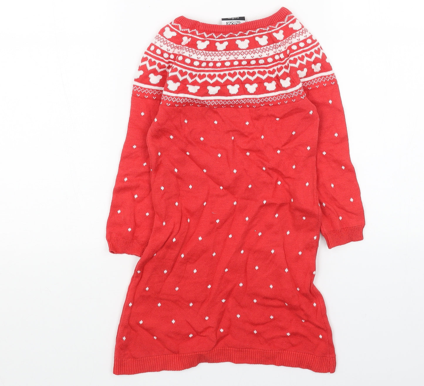 George Girls Red Geometric Acrylic Jumper Dress Size 2-3 Years Boat Neck Pullover - Minnie Mouse