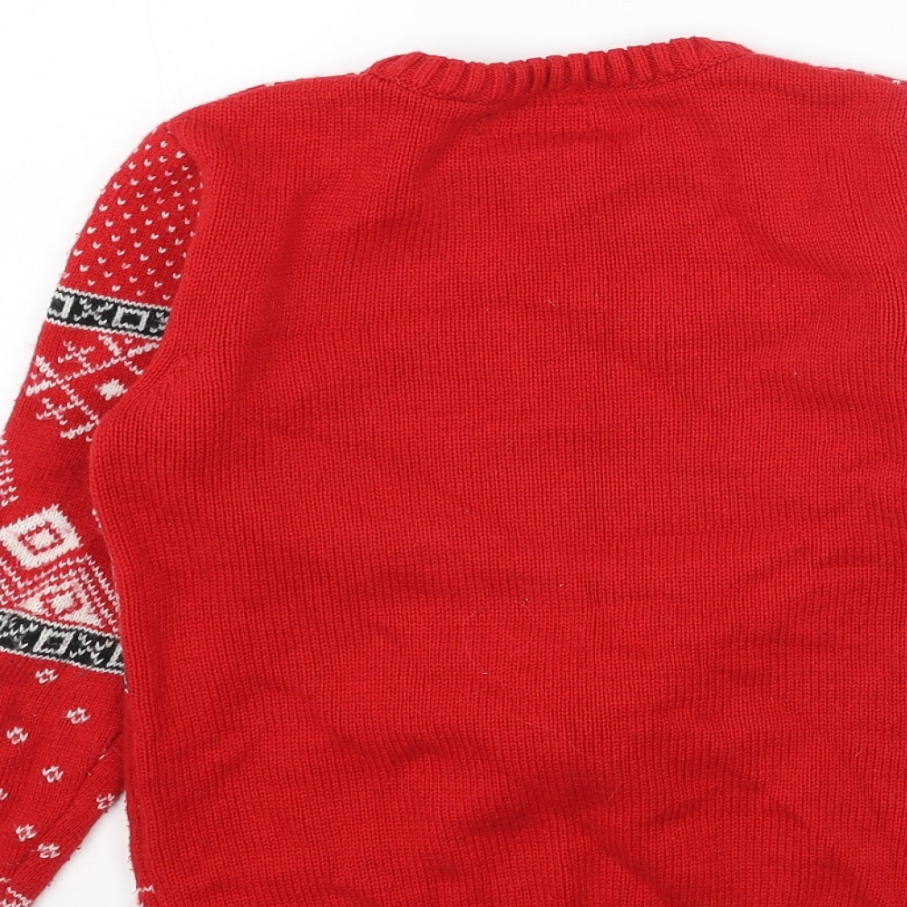 NEXT Boys Red Round Neck Fair Isle Acrylic Pullover Jumper Size 9 Years Pullover - Christmas Reindeer