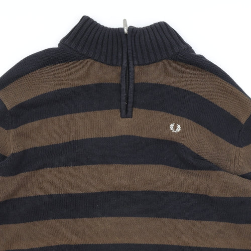 Fred Perry Mens Brown High Neck Striped Cotton Pullover Jumper Size XL Long Sleeve