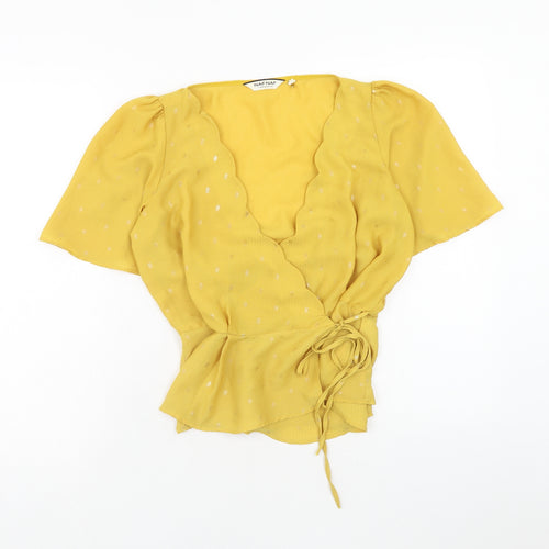 NAF NAF Womens Yellow Geometric Polyester Cropped Blouse Size 8 V-Neck