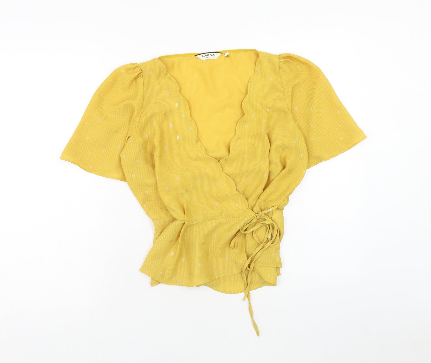 NAF NAF Womens Yellow Geometric Polyester Cropped Blouse Size 8 V-Neck
