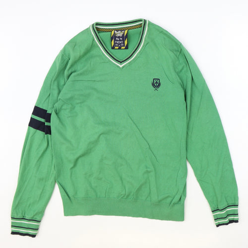 NEXT Mens Green V-Neck Cotton Pullover Jumper Size M Long Sleeve