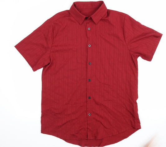 SheIn Mens Red Striped Polyester Button-Up Size L Collared Button