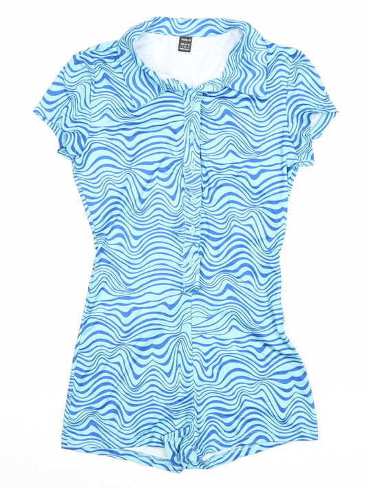 SheIn Womens Blue Geometric Polyester Playsuit One-Piece Size S Button