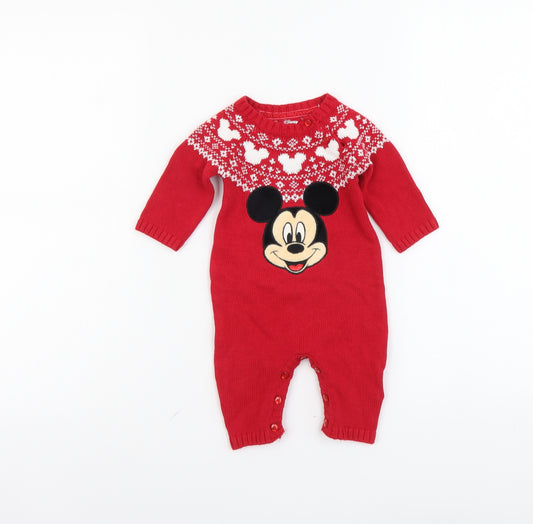 Primark Baby Red Fair Isle Cotton Romper One-Piece Size 0-3 Months Button - Mickey Mouse
