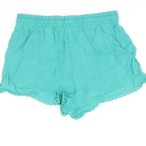 Primark Womens Green Viscose Basic Shorts Size 10 Regular Drawstring - Lace Detail